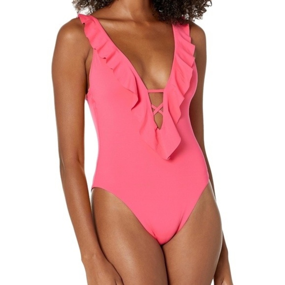 BECCA‎ Socialite Ruffle One Piece Swimsuit, Plunging V-Neckline, Women's Small